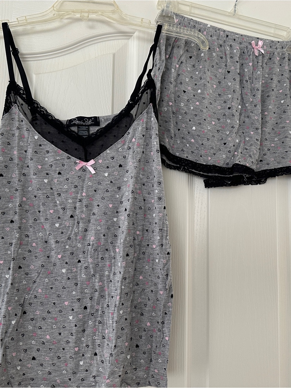 Rene Rofe Gray Heart-Print Lace Trim Cami & Shorts Sleep Set with Pink Accents